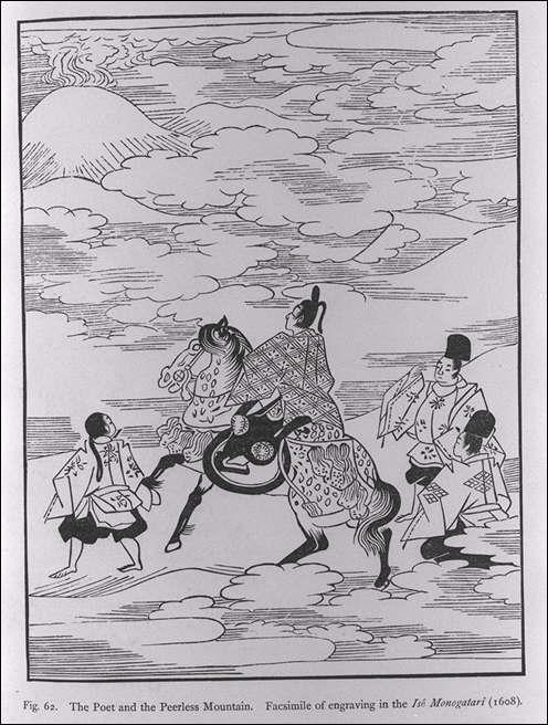 詩人と比類なき山（富士山）．伊勢物語＜１６０８年＞の版画の複製/(Fig. 62. The poet and the Peerless  Mountain. Facsimile of engraving in the Ise Monogatari (1608).)
