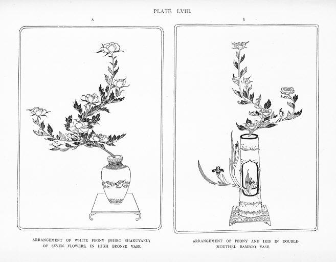 池坊，花瓶のいけばな（薄端と耳付き瓶のいけばな）/(Plate 66. Ikenobo style, vase arrangements.)