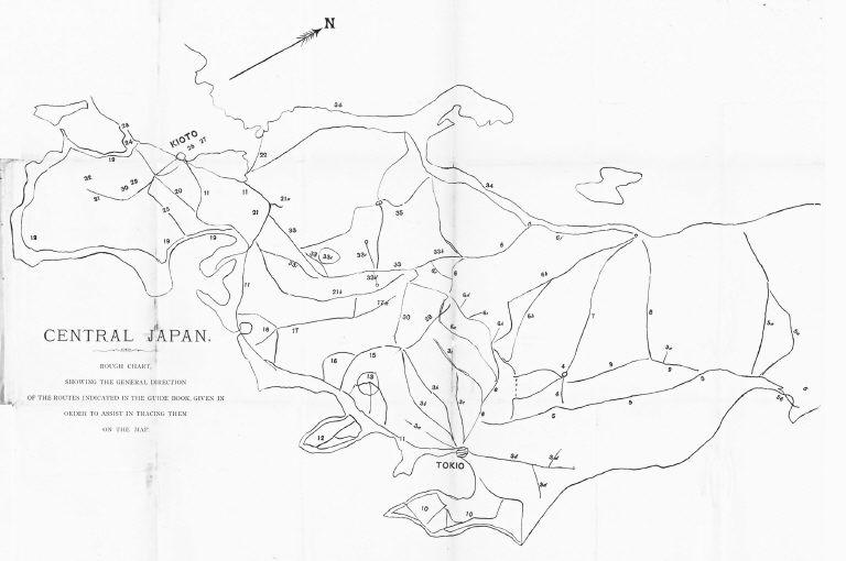 中央日本 ルートを地図に書く手助けになるように案内書に示されたルートの大体の方角を示す略地図 Central Japan Rough Chart Showing The General Direction Of The Routes Indicated In The Guide Book Given In Order To Assist In Trancing Them On The Map