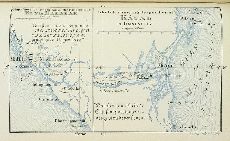 マラバル海岸のエリ王国の位置を示す地図 ティンネヴェリーのカヤルの位置を示す略図