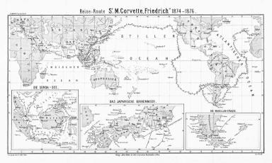 帝国コルベット艦 フリードリヒ号 の１８７４ １８７６年の航跡 スンダ海 日本の内海 瀬戸内海 マゼラン海峡 地図